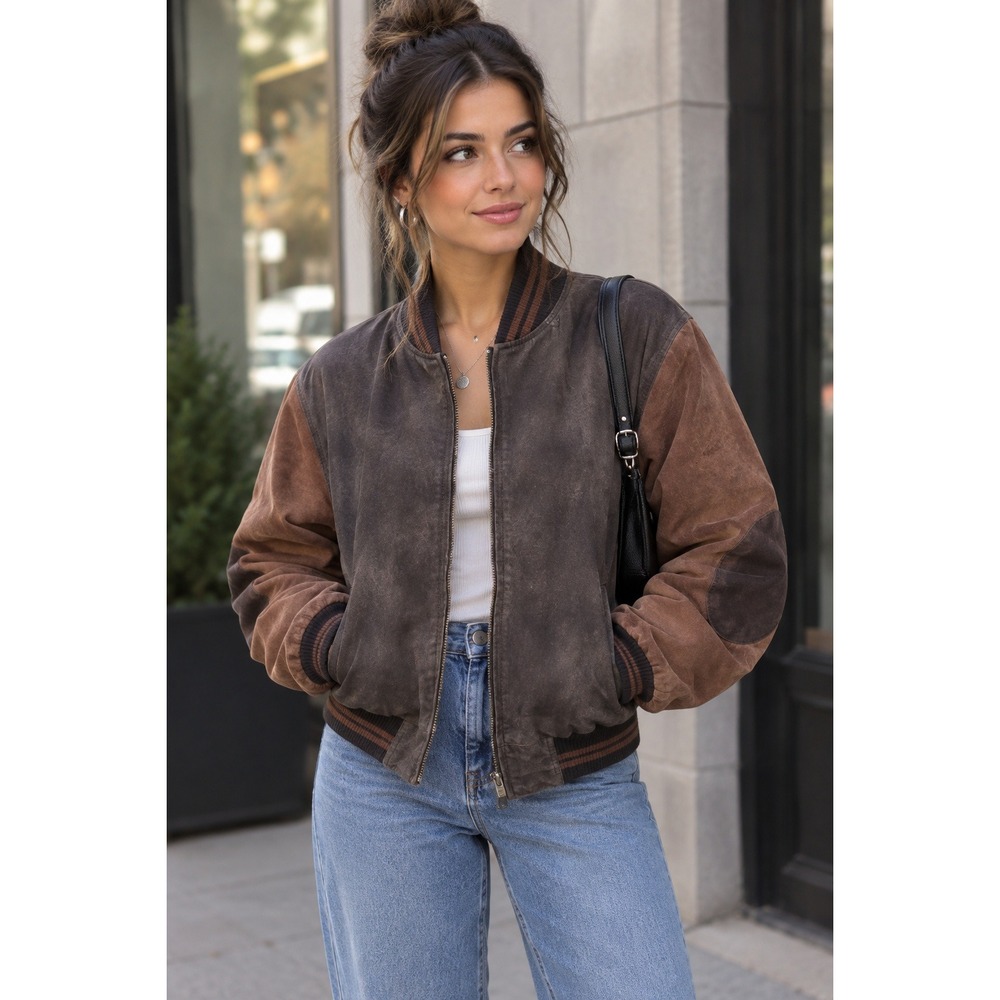 G-III Mens Brown Suede Leather Bomber Jacket Two Tone‎ Varsity Large L Zip Up